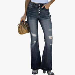 Women’s Retro High Rise Button-Fly Slim Leg Flare Distressed Faded Black Jeans